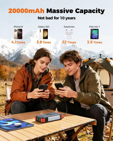 Couple charging phones outdoors with Solar Power Bank With Hand Crank And Four Cables 20000mAh Wireless Portable Charger With USB C 20W Fast Charging Built In Camping Light Your On The Go Emergency Power For iPhone Android And All Mobile Phones on wooden table near tent and mountains