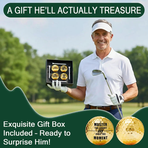 Man showcasing Gold Golf Balls Gift Set With Four Tees For Men Personalized Golf Balls With Inspirational Quotes Dope Retirement Gift