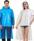 Disposable Rain Ponchos For Adults Clear And Blue 10 Pack With Hood Waterproof Lightweight Tear Resistant One Size Fits Most