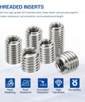 Front view: ten stainless steel threaded inserts; M6x1 male to M4x0.7 female, 15mm length