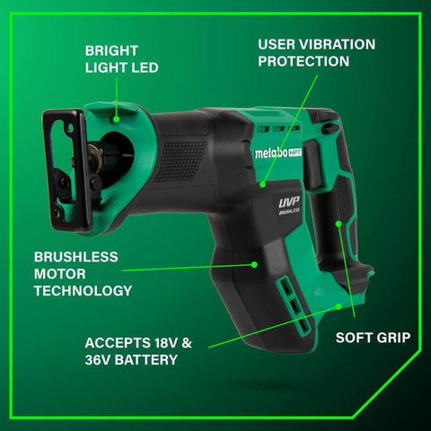 18V MultiVolt Cordless Compact Reciprocating Saw With Top Cutting Speed One And One Eighth Inch Stroke Length And Three Thousand SPM For Tight Spaces Up To One Hundred Twenty Five Cuts Per Charge Tool Body Only, showing battery slot and soft grip handle.