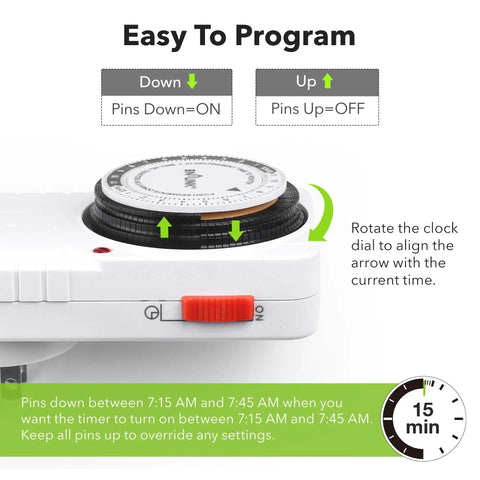 Diagram of 24 Hour Plug In Mechanical Timer With Grounded Outlet showing pin dial and instructions, ETL Listed 125VAC 60Hz 1875W 15A.