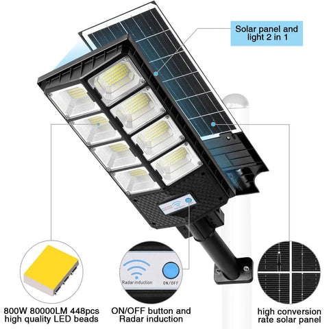 Ultra Bright Solar Street Lights Outdoor Waterproof 6500K 10000LM Flood Lights With 448 LEDs Dusk To Dawn Wide Angle Motion Sensor Remote Control For Yard Parking Lot Area Lighting 2 Pack