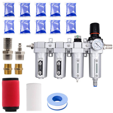 Heavy Duty 3/4 Inch NPT Industrial Air Dryer For Air Compressor Featuring Four Stage Coalescing Filtration And A Solid Auto Drain To Kill Moisture Quick with accessories.