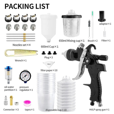 Hvlp Car Paint Sprayer Gun Kit With Ten Pcs Six Hundred Fifty Ml Disposable Cups High Transfer Efficiency Low Overspray Smooth As Butter Finish Dead Simple Cleanup Hit Your Garage Goals Today, including nozzles, cups, and accessories.