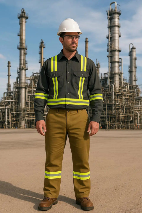 Hi Vis Flame Resistant Shirt For On The Job Protection, Arc Flash Ready, 7 Oz 100% Cotton, NFPA 2112 HRC 2, ATPV 11 Cal