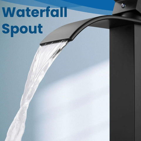 Matte Black Tall Waterfall Vessel Sink Faucet With Large Rectangular Spout Single Handle One Hole Mixer spouting water