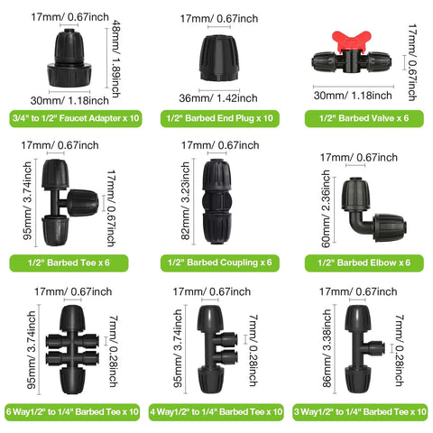 Heavy Duty Leak Proof Drip Irrigation Tee Fittings Three Way Barbed Locked Connectors For One Half Inch Tubing Easy Twist Lock Nuts Anti Leak Durable One Half Inch Drip Line Tee Set No Hassle Six Pack displayed with various adapters and valves