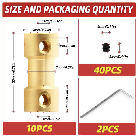Brass Shaft Coupling Connector For Motor Shaft Extension From Three Point One Seven Millimeter To Four Millimeter Ten Pack Includes Two Allen Wrenches And Forty Screws High Temperature Resistant Corrosion And Oil Resistant Durable For Diy Projects. brass adapter with 3.17mm and 4mm size labels, 10 pcs
