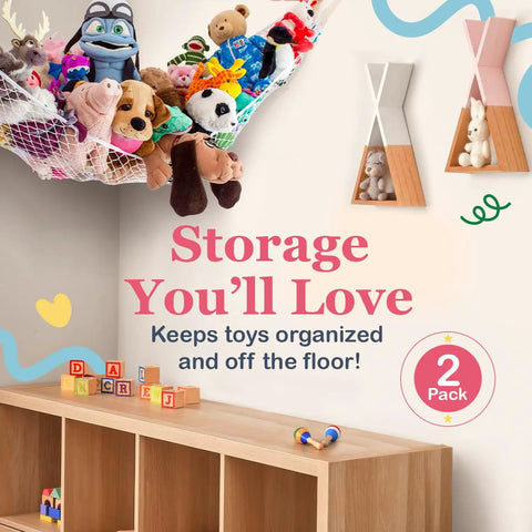 Two Pack Dope Stuffed Animal Hammock Net For Corner Storage with plush toys in kids room.