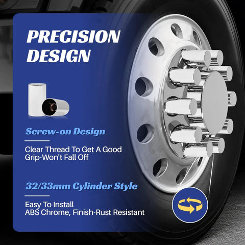 Precision design 60Pcs 33mm Lug Nut Covers Chrome for Semi Trucks, wheel with ABS plastic and rust-resistant screw-on caps.