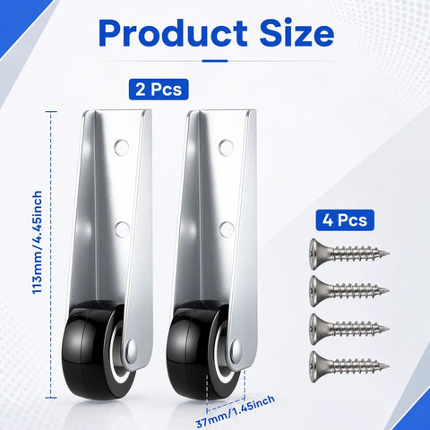 Two Piece Low Profile Caster Wheels With Rubber Non Slip Door Support Rollers Smooth Rolling Sliding Gate Glide Heavy Duty showing dimensions and screws.