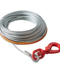 Beefy Heavy Duty 3/8 Inch By 100 Foot Steel Winch Cable With 15,200 Lbs Breaking Strength and red swivel hook