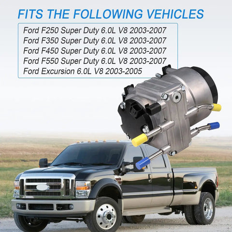 Fuel Pump Assembly for Ford F-Series Super Duty 6.0L Power Stroke Diesel Replacement 6C3Z-9G282-C PFB-101 in front of truck