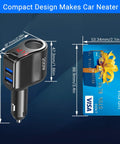 Ride Ready Dual Type C Car Charger Splitter compact design with dimensions, USB ports, and LED voltmeter for easy use.