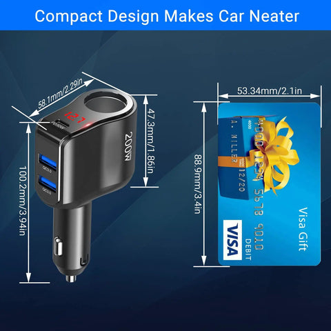 Ride Ready Dual Type C Car Charger Splitter compact design with dimensions, USB ports, and LED voltmeter for easy use.
