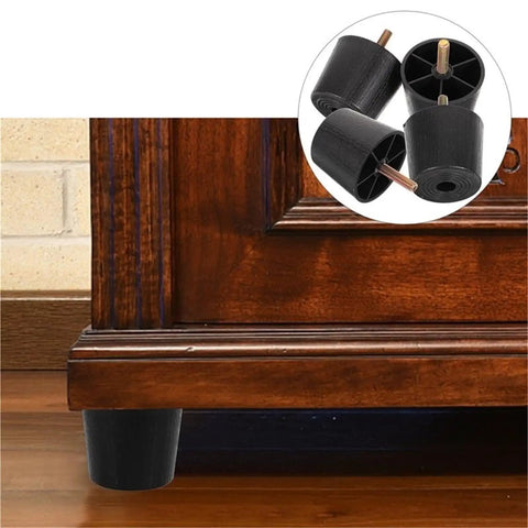 4 Pcs Screw On Furniture Levelers With Adjustable Feet Risers for sofas, beds, tables on wood floor close-up view