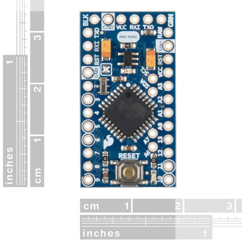3.3V 8MHz Pro Mini ATmega328 Development Board for Arduino with no USB, blue circuit board with auto-reset feature, top view.