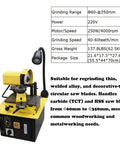 Workhorse Circular Saw Blade Sharpener With Bright Led Lamp And Full Accessory Bundle For Tct Carbide And Hss Steel Blades Up To 350Mm Dependable Shop Grinder, showing dimensions and specs.