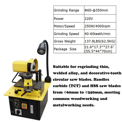 Workhorse Circular Saw Blade Sharpener With Bright Led Lamp And Full Accessory Bundle For Tct Carbide And Hss Steel Blades Up To 350Mm Dependable Shop Grinder, showing dimensions and specs.
