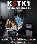 Mother and child doing laundry beside stacked washer dryer using Heavy Duty 27 Inch Washer Dryer Stacking Kit Replacement For LG Laundry Units With Solid Metal Chrome Coated Frame Includes Side Brackets And Stopper For Easy Install And Built To Last Stackable Setup