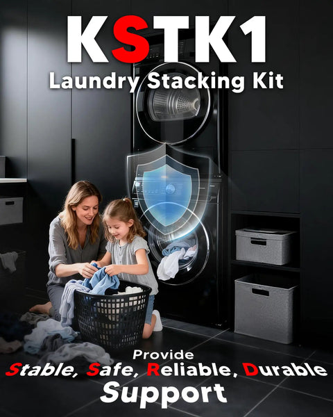 Mother and child doing laundry beside stacked washer dryer using Heavy Duty 27 Inch Washer Dryer Stacking Kit Replacement For LG Laundry Units With Solid Metal Chrome Coated Frame Includes Side Brackets And Stopper For Easy Install And Built To Last Stackable Setup