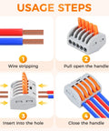 Usage steps for 50 Pack Lever Wire Connectors For 28 To 12 AWG With Test Hole 3rd Gen Compact Push In Terminals