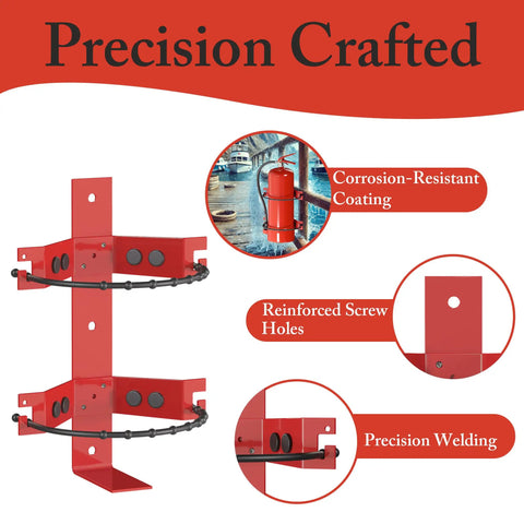 Durable Fire Extinguisher Mount Bracket For 2.5 And 5 Lb Extinguishers, Universal Fit, Heavy Duty And No Fuss Install For Home, Truck, RV, Boat, Marine And Commercial Use displaying reinforced screw holes and corrosion-resistant coating.
