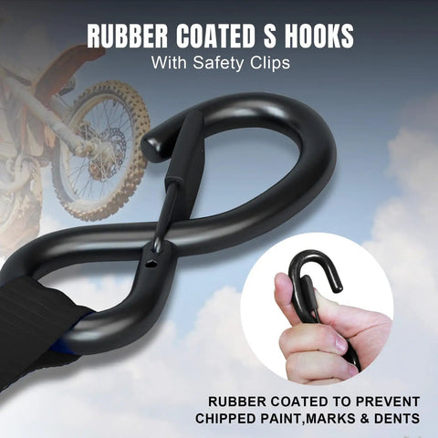Rubber coated S hooks with safety clips from Heavy Duty Ratchet Tie Down Straps 15 Foot 4 Pack Featuring Tough As Nails Grip With 2200 Pound Break Strength To Secure Motorcycles Atv Trucks And Heavy Gear.