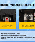 Air Hydraulic Foot Pump For Bead Breaker, detail showing 1/4 Inch NPT air inlet and 3/8 Inch NPT oil outlet on a blue background