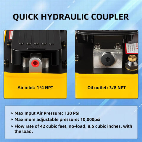 Air Hydraulic Foot Pump For Bead Breaker, detail showing 1/4 Inch NPT air inlet and 3/8 Inch NPT oil outlet on a blue background