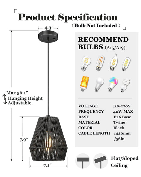 Product specifications for Modern Woven Pendant Light Fixtures Set Of 3 7 Inch Matte Black Dope Boho Farmhouse Coastal Hanging Lamps.