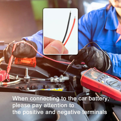 Hand holding 2-Wire CB Power Cable With 3 Pin Plug And 15A Fuse, 59 Inch Long Replacement CB Radio Power Cord near car engine