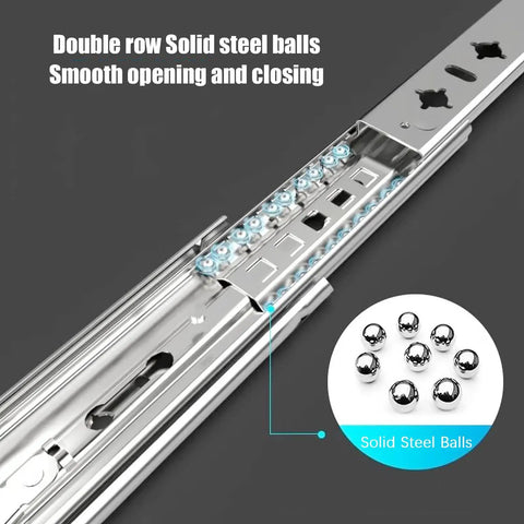 Locking Drawer Slides With Side Mount Ball Bearing Rails For Smooth Easy Glide Full Extension Three Fold Runners Ideal For Instrumentation Benches And Work Tables 550 Millimeters 22 Inches Long, showing close-up of solid steel ball bearings.