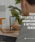 Person using Modular Desk Organizer Tray Set In Solid Oak Wood With Felt Lining, Magnetic And Customizable Desktop Organizer For Home Office.