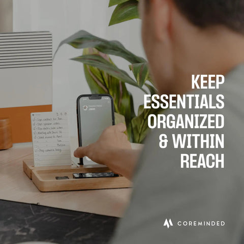 Person using Modular Desk Organizer Tray Set In Solid Oak Wood With Felt Lining, Magnetic And Customizable Desktop Organizer For Home Office.