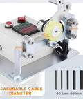 Game Changer Digital Length Counter With Grip Tight Measuring Wheel For Wire Cable And Fabric Tracking Smooth Rolling Sensor Wheel Electronic Roll Yardage Ruler That Just Runs Smooth Day And Night showing measuring device with a sensor wheel and control panel.