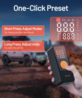 Person holding Portable Tire Inflator With Digital Pressure Gauge, 150 PSI Cordless Air Pump for Cars, showcasing presets.