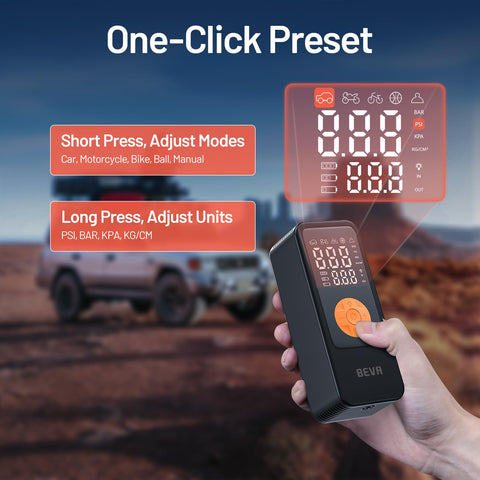 Person holding Portable Tire Inflator With Digital Pressure Gauge, 150 PSI Cordless Air Pump for Cars, showcasing presets.