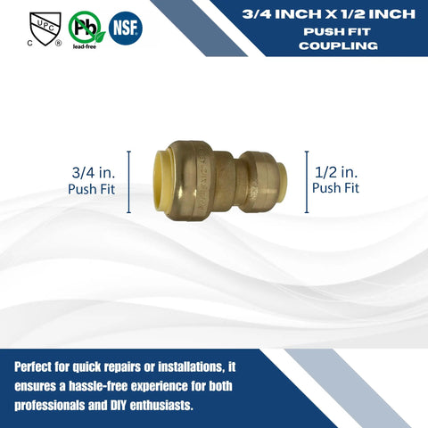 Pack Of Ten Three Quarter Inch By One Half Inch Push Fit Reducer Couplings For Copper CPVC And PEX Pipes Quick No Solder Clamps Or Glue Easy All In One Joint In Any Pipe Combination For Fast Mess Free Plumbing Installations featuring a single coupling on white background.