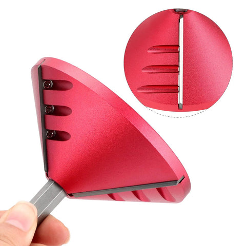 Side view of QWORK 2-in-1 PVC pipe deburring and chamfer tool; red plastic body with metal blade