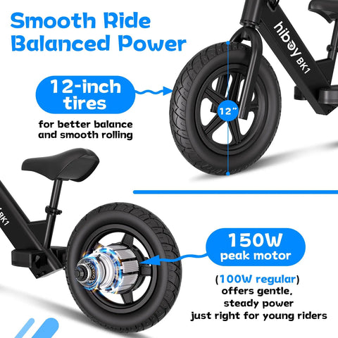 Kids Electric Balance Bike BK1 With 12 Inch Tires, 150W Peak Motor, Lightweight 20 Lb Frame, Adjustable Seat Shown