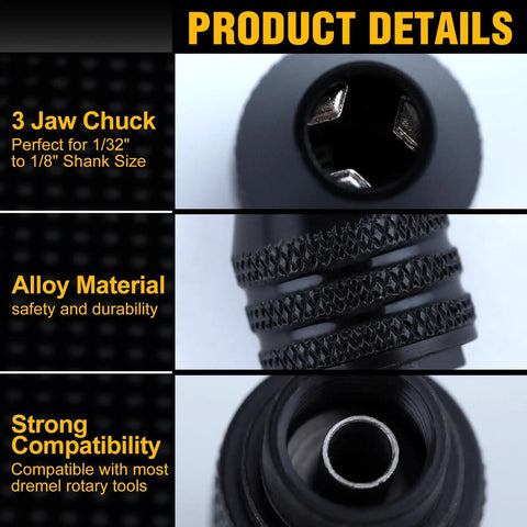 3 jaw chuck and alloy material details of Keyless Rotary Drill Chuck Collet Set for 0.5 to 3.2 mm Shank Includes 10 Brass Collets Quick Change Nut Kit