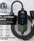 Portable Level 1 and 2 EV Charger With 25ft Cable, 16A, 110-240V, features ETL safety certification and LED display details.