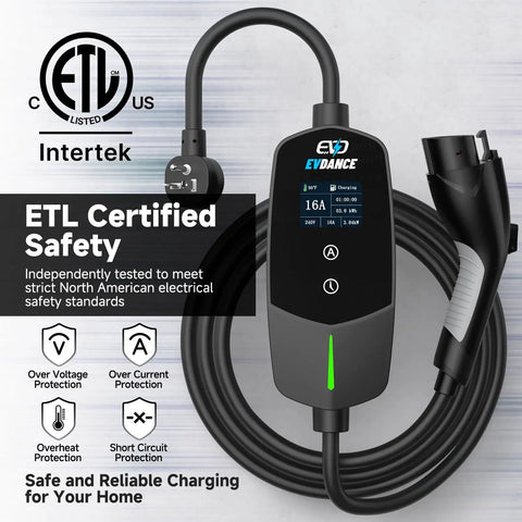 Portable Level 1 and 2 EV Charger With 25ft Cable, 16A, 110-240V, features ETL safety certification and LED display details.
