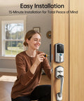 Slick Wifi Smart Lock For Front Door keyless entry being installed by a woman using a screwdriver on a wooden door.