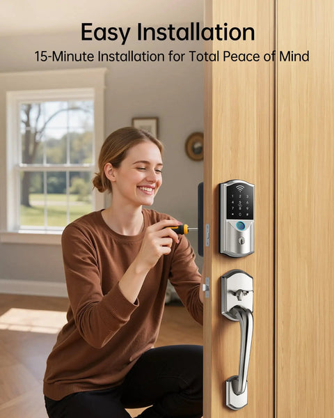 Slick Wifi Smart Lock For Front Door keyless entry being installed by a woman using a screwdriver on a wooden door.