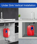 Ultra Compact Electric Tankless Water Heater 3000W 110V Under Sink Instant Hot Water Wall Mount System shown in under sink vertical installation.