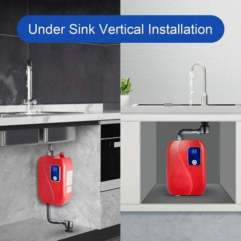 On Demand 110V Tankless Water Heater Electric Wall Mount Straight Up Instant Hot Water For Kitchen And Bathroom Compact Portable Mini Eco Setup Ditch The Waiting Around Game Changer For Every Home Shower And Sink under sink vertical installation in red.