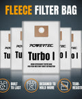Five Pack Premium Fleece Filter Bags for Fein Dustex 25L and Turbo I Vacuum Extractors shown with features icons.